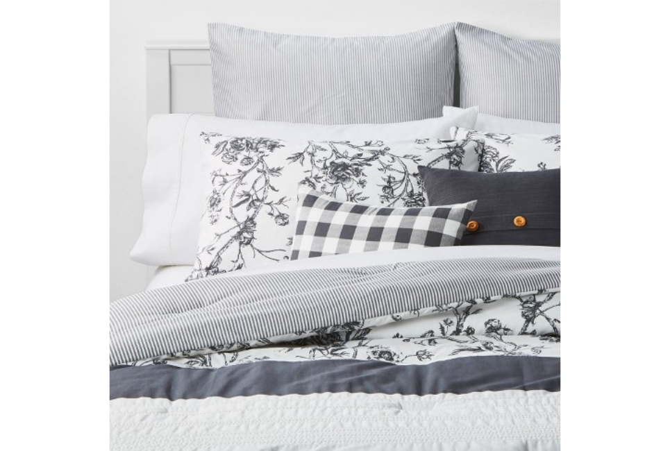 8pc Brookton Reversible Farmhouse Floral Comforter Set Charcoal - Threshold™
