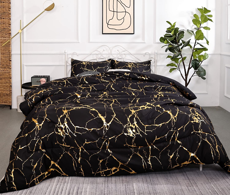 SMOOFY Black Gold Marble Metallic Glitter Comforter Sets